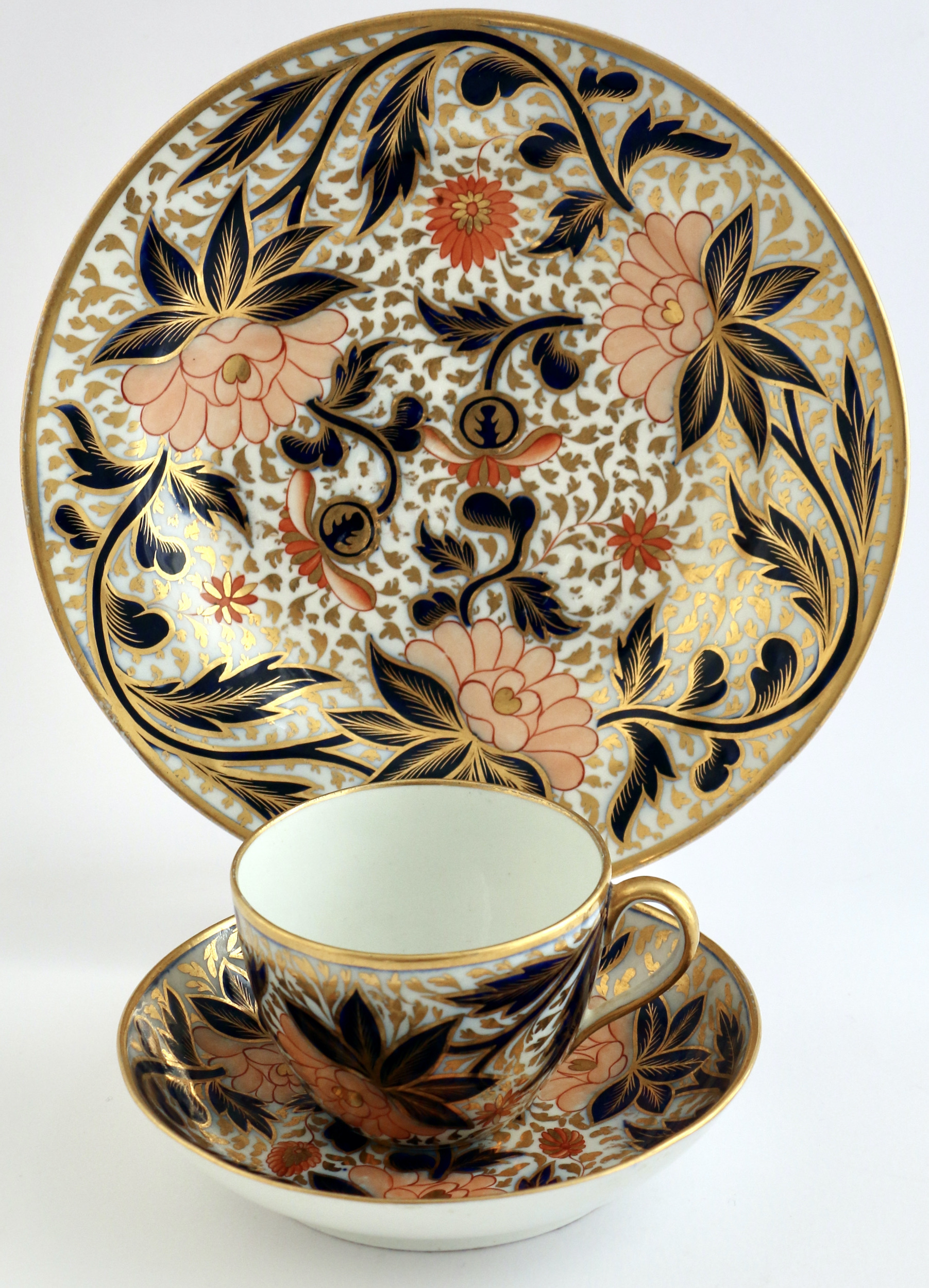 Coalport exuberant ‘Japan’ cup, saucer, tea plate, ca. 1813